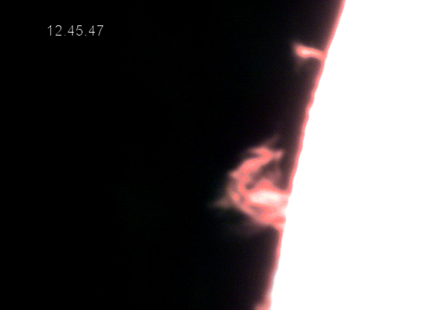 Solar Prominence By T Hayes 7th September 2015. Lunt 35mm H-A telescope with 2xBarlow, Celestron nexstar 5 camera.  15 second movie converted in Virtual Dub and then processed in aviStack